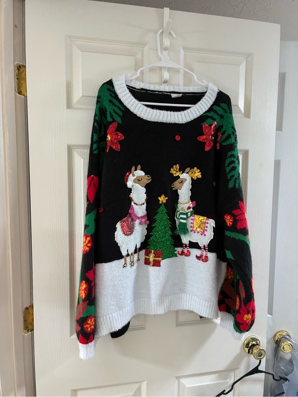 Holiday Time Festive Llama Crewneck Sweater in Black, White, Red & Green